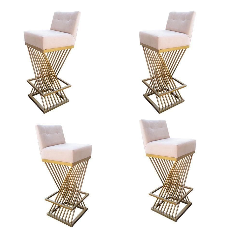 Kit 04 Banquetas Luma Base De Ferro Sued Bege D`classe Decor