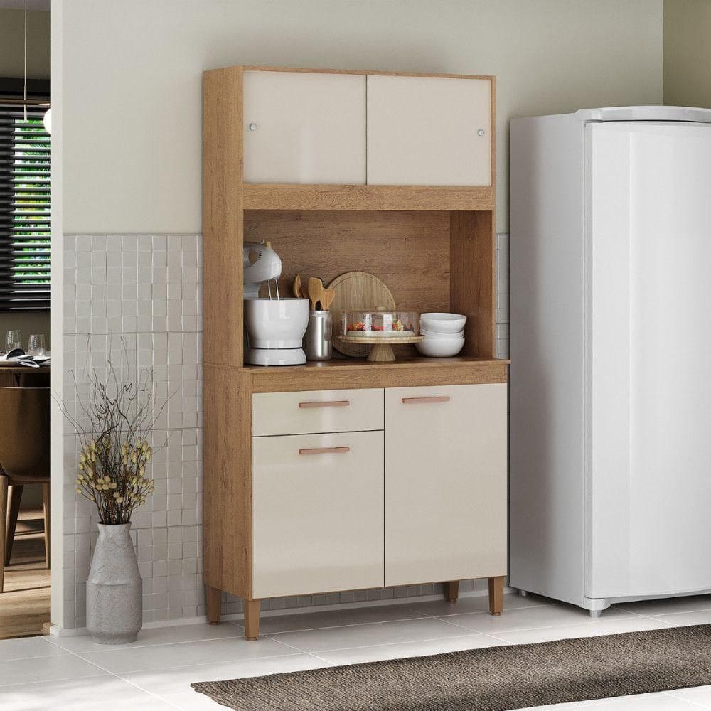 Cozinha Compacta Ceara 4 Portas Atualle Canelato Rustico Com Off White