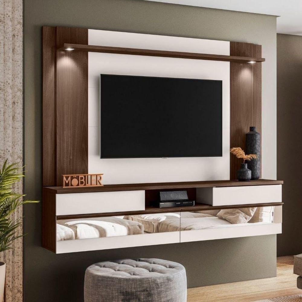 Painel Home Suspenso 75 Charme Espelho E Luminária Led Marrom Noce Off White ártico