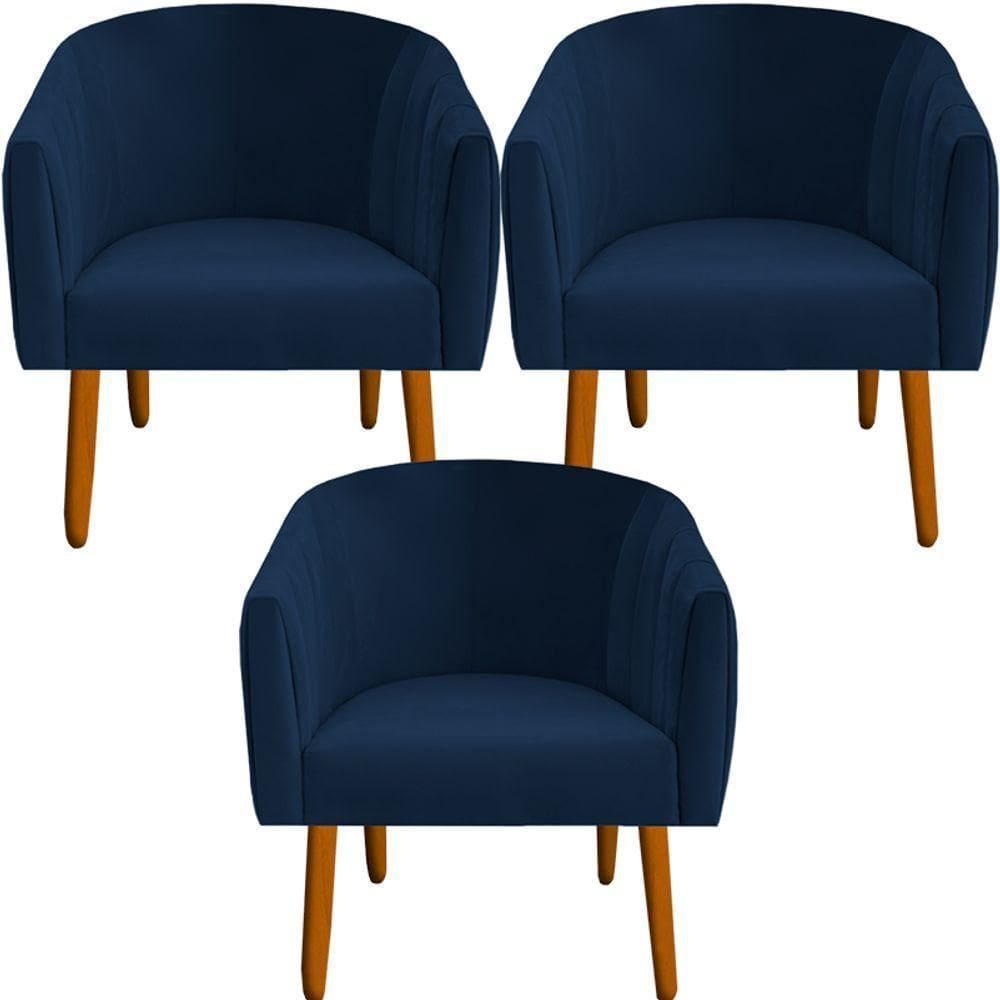Kit 03 Poltrona Julia Decoração Salão Cadeira Escritório Recepção Estar Amamentação Suede Azul Marinho D`classe Decor