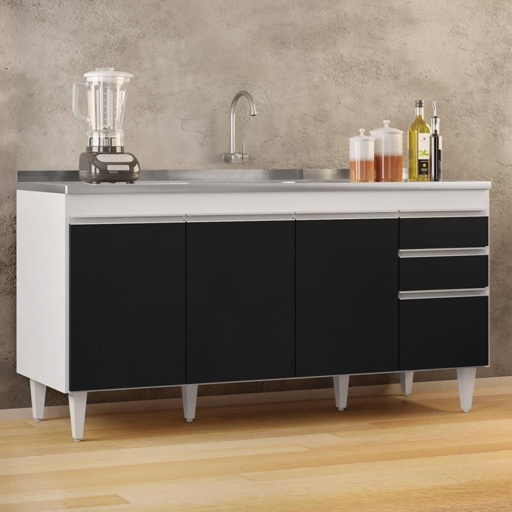 Balcão Gabinete Com Pia Inox 160cm Arkansas Branco-preto - Lumil