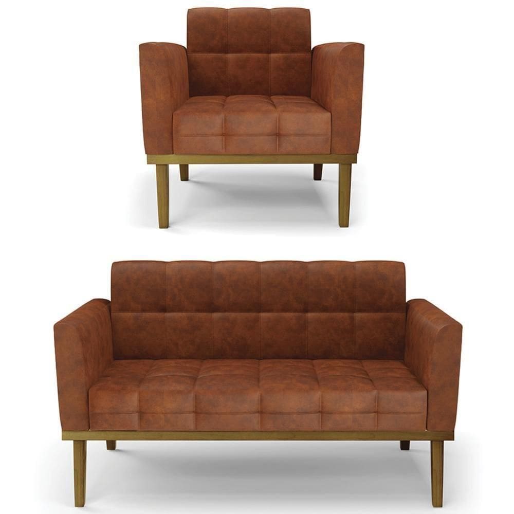 Sofá Namoradeira E 1 Poltrona Base Madeira Castanho Ana Sintético Pu Nozes - Ibiza