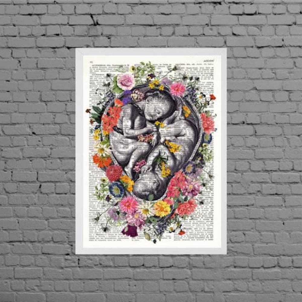 Quadro Fetos Gêmeos Com Flores 45X34Cm Moldura Branca