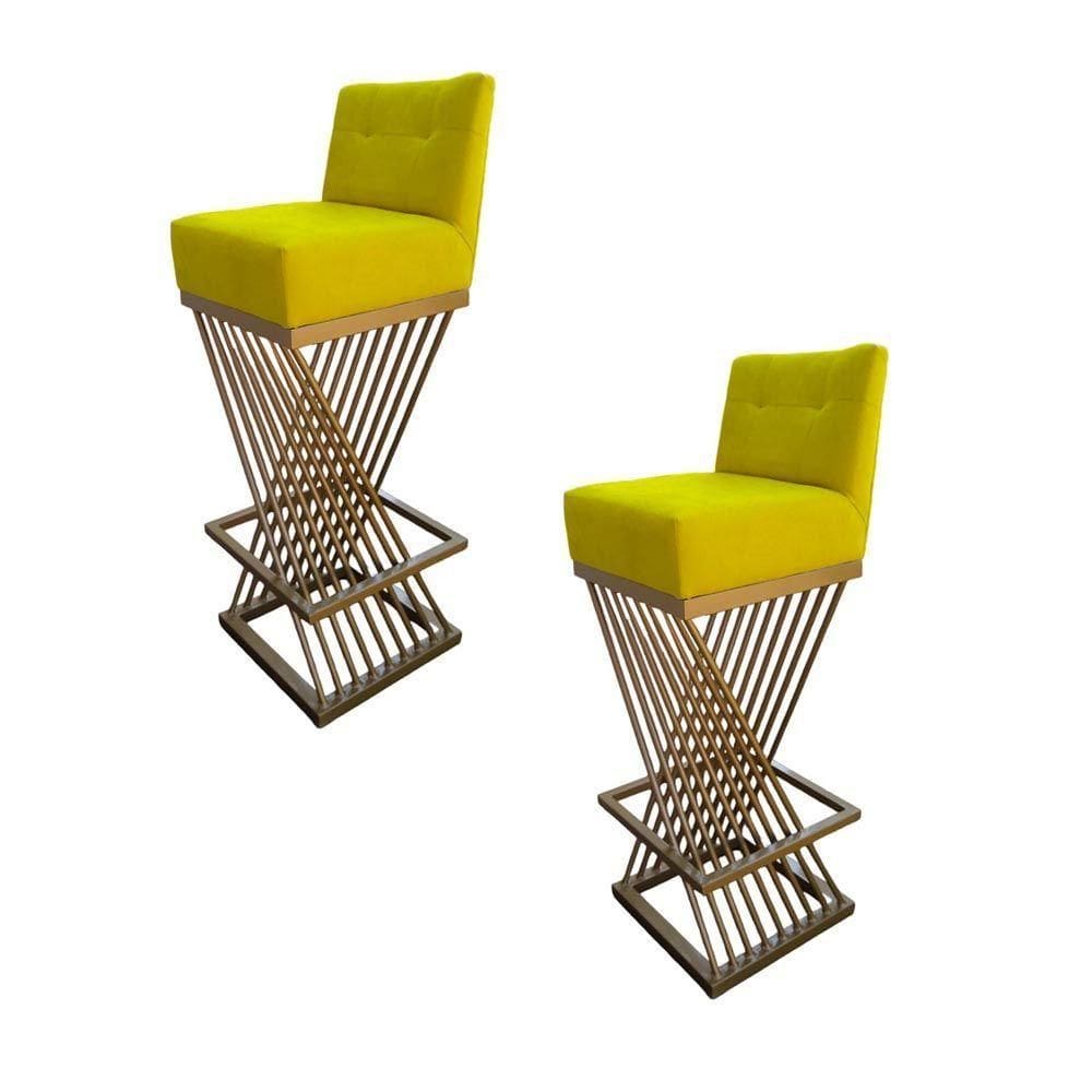 Kit 02 Banquetas Luma Base De Ferro Sued Amarelo D`classe Decor