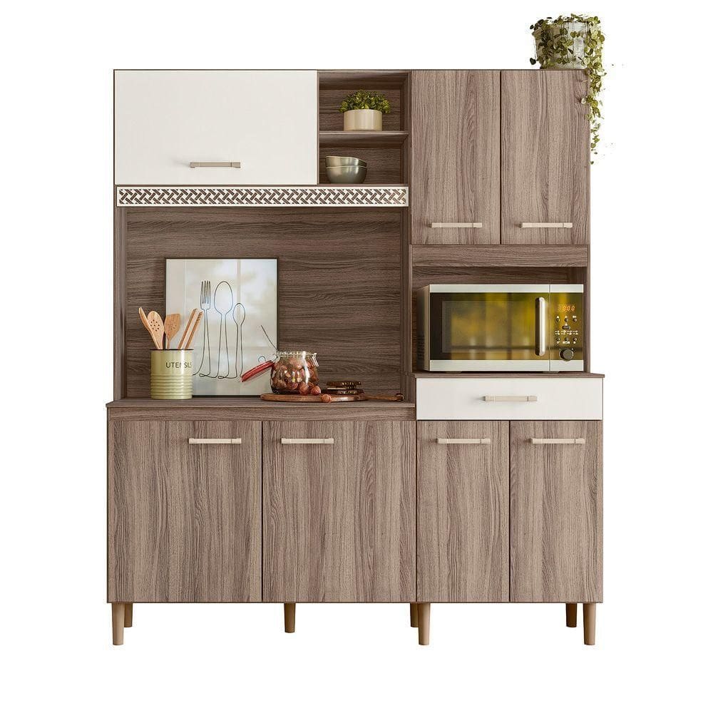 Kit Cozinha Yara 160 - 7 Portas 1 Gaveta - Carvalho Nature - Off White Cristal Nicioli