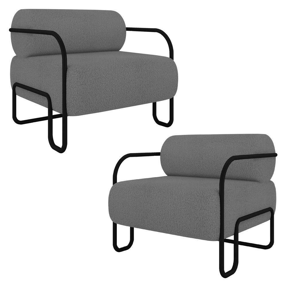 Poltrona Decorativa Para Sala Industrial Kit 2 Kira K04 Bouclê Cinza - Mpozenato