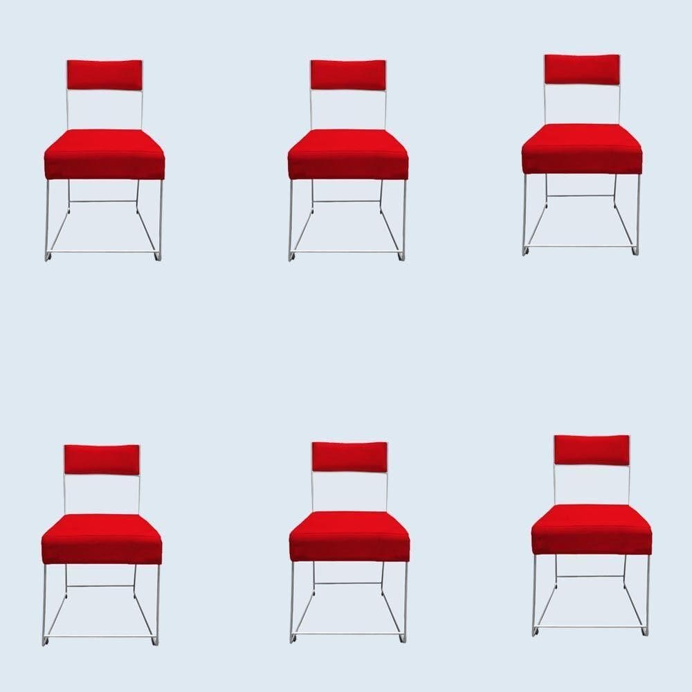 Kit 06 Cadeiras Atena Base De Ferro Maciço Prata Suede Vermelho D`classe Decor