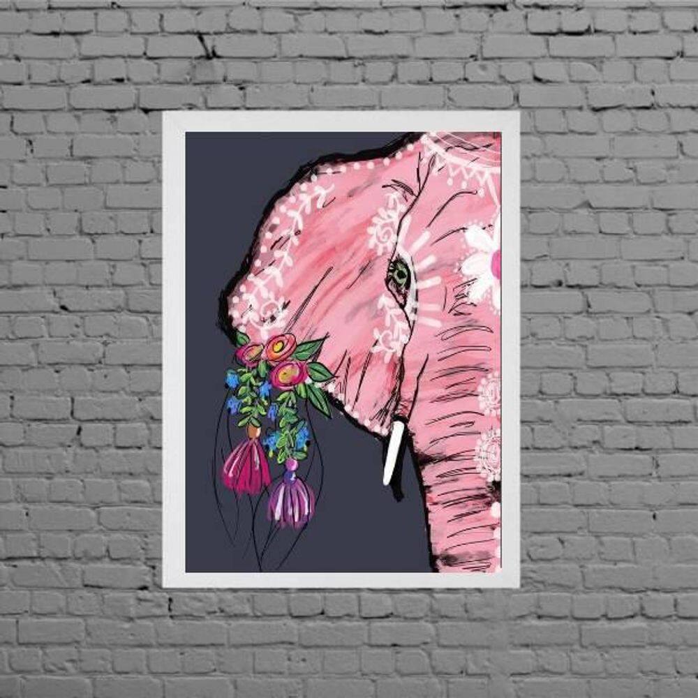 Quadro Elefante Indiano Rosa Com Flores 24X18Cm - Branca