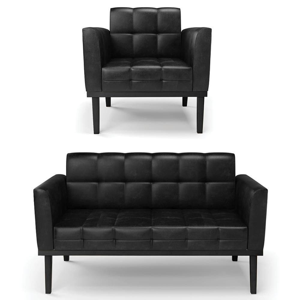 Sofá Namoradeira E 1 Poltrona Base Madeira Preto Ana Sintético Pu Preto - Ibiza