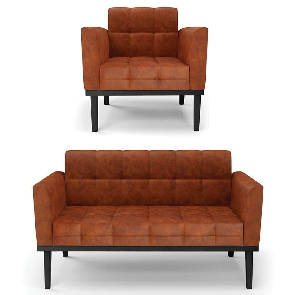 Sofá Namoradeira E 1 Poltrona Base Madeira Preto Ana Sintético Pu Nozes - Ibiza