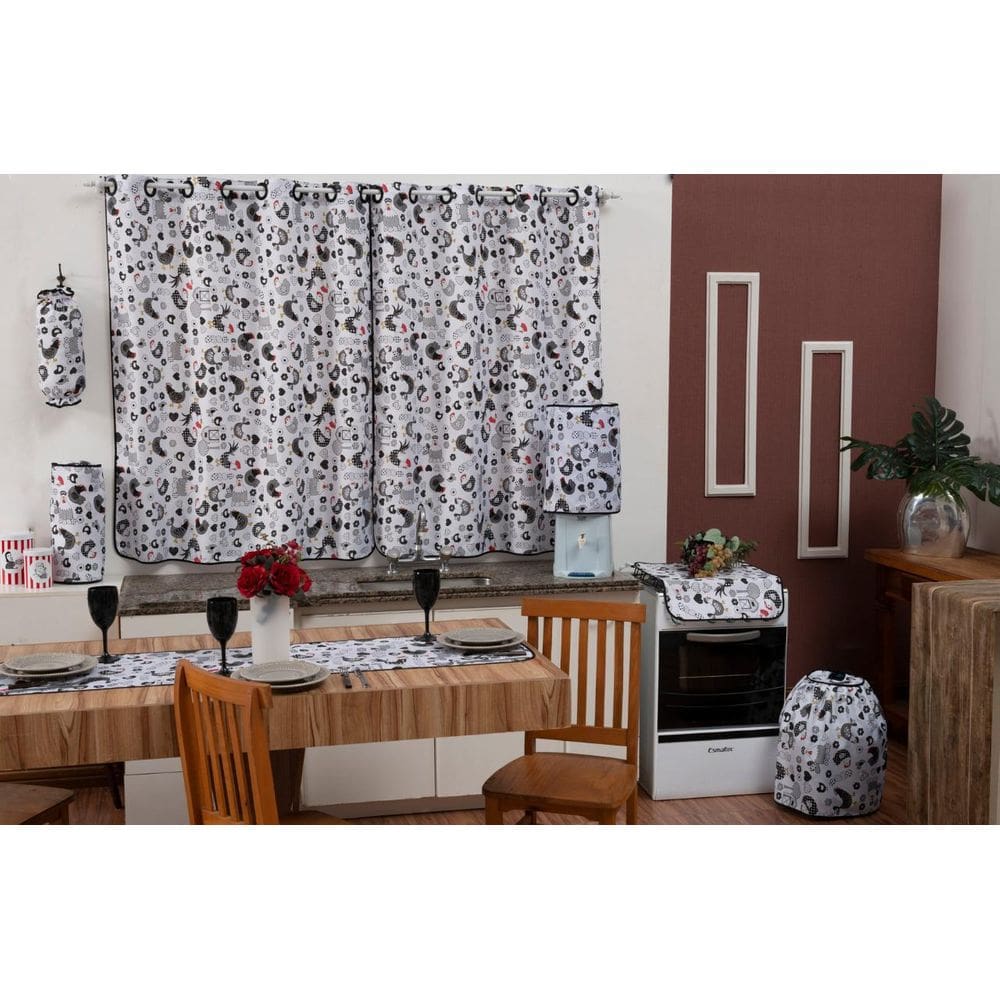 Kit Jogo De Cozinha Estampado 9 Peças Galinha Preto E Branco