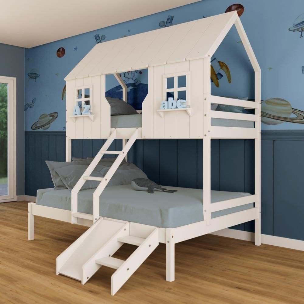 Beliche Casal/ Solteiro Casinha Encantada Com Kit Escada/ Escorregador Madeira Maciça Branco Megamobilia