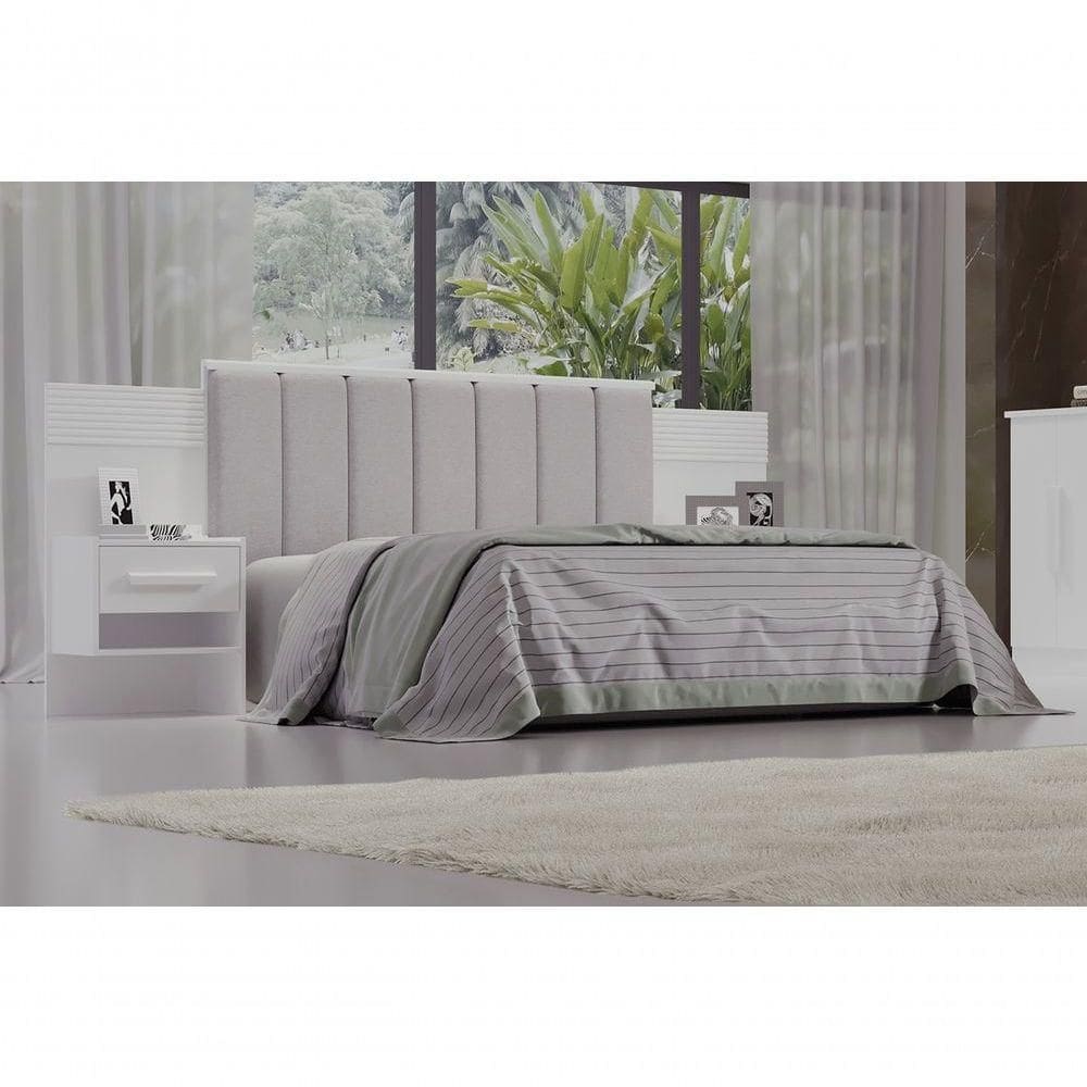 Cabeceira Para Cama De Casal Ripada Irís Estofada Com 2 Mesas De Cabeceira D` Doro Branco-ripado
