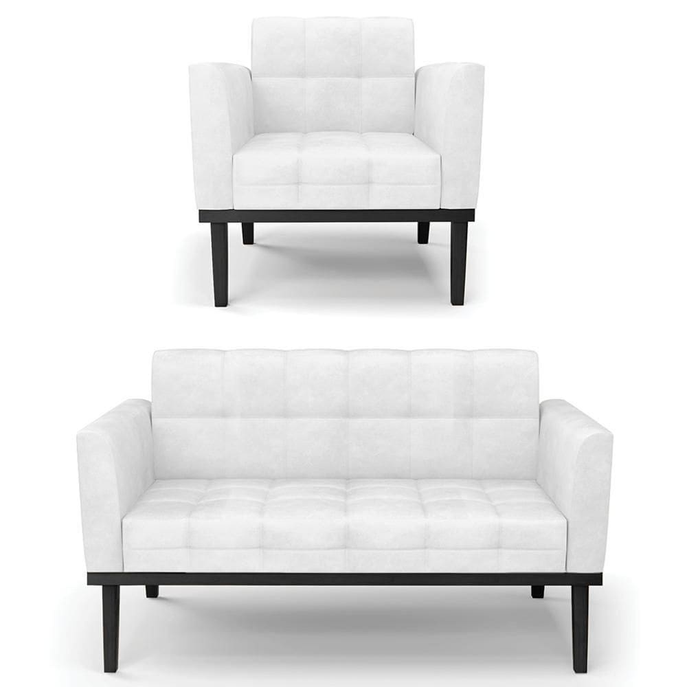 Sofá Namoradeira E 1 Poltrona Base Madeira Preto Ana Sintético Pu Branco - Ibiza