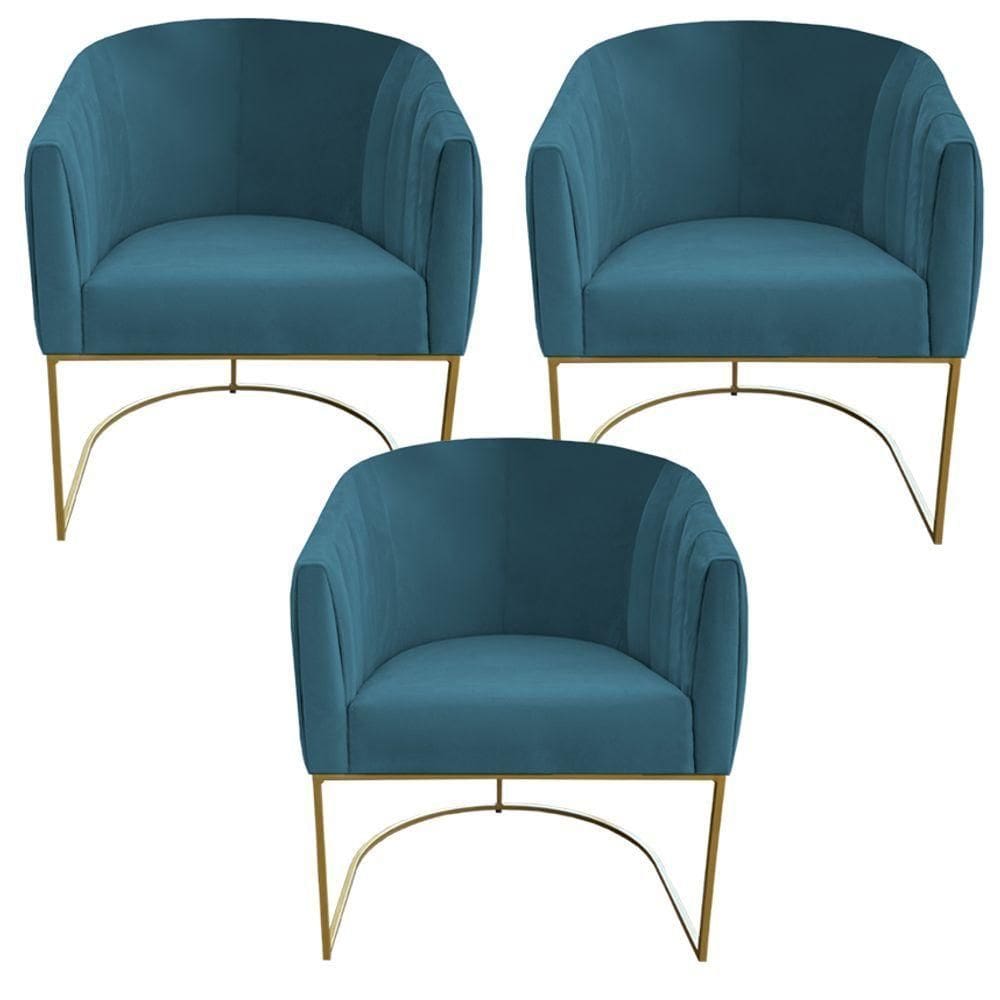 Kit 03 Poltrona Julia Com Base De Ferro Sala De Estar Escritório Recepção Clinica Suede Azul Tiffany D`classe Decor