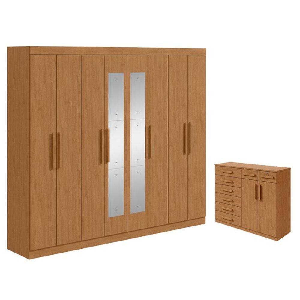 Guarda Roupa Casal Andara Soft com Espelho e Cômoda Sapateira Toronto Amêndoa Clean – Lopas