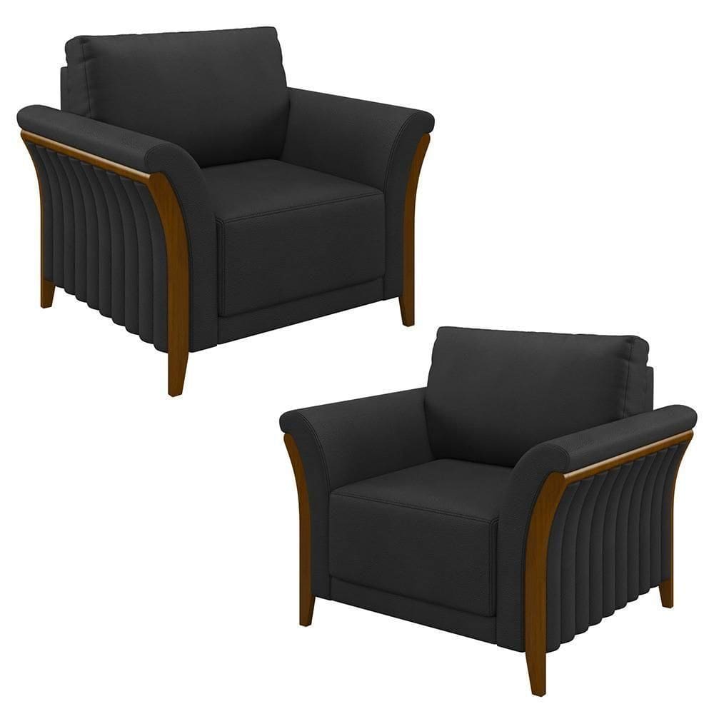 Kit 2 Poltronas Decorativas Sala De Estar 102cm Pés Madeira Roya M22 Pu Preto - Mpozenato