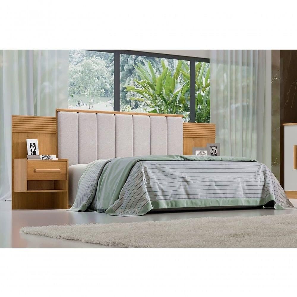 Cabeceira Para Cama De Casal Ripada Irís Estofada Com 2 Mesas De Cabeceira D` Doro Cinamomo-ripado