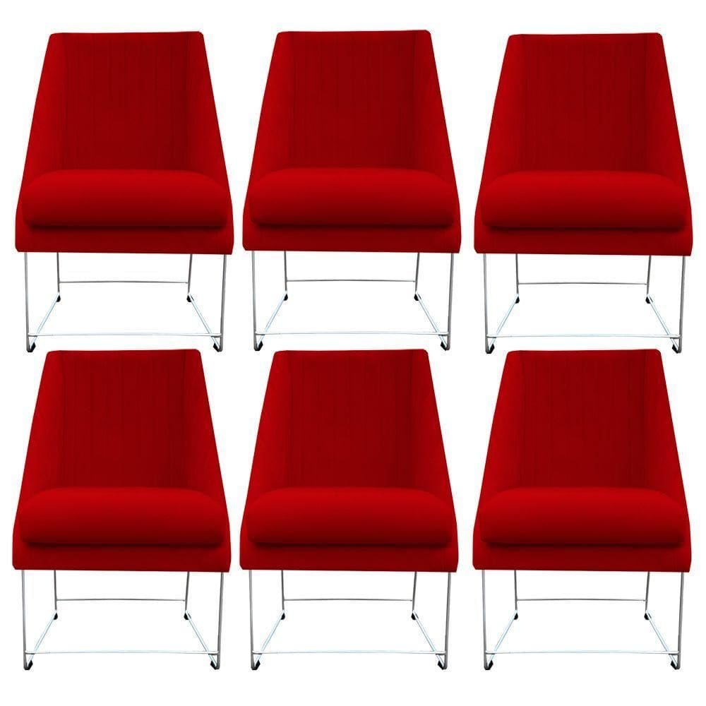 Kit 06 Cadeiras Ana Base De Ferro Prata Suede Vermelho D`classe Decor