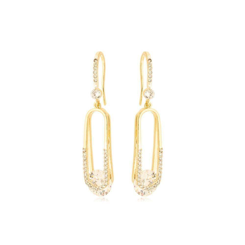 Brinco Luxuoso Gancho Cravejado Com Ponto De Luz Banhado A Ouro 18k