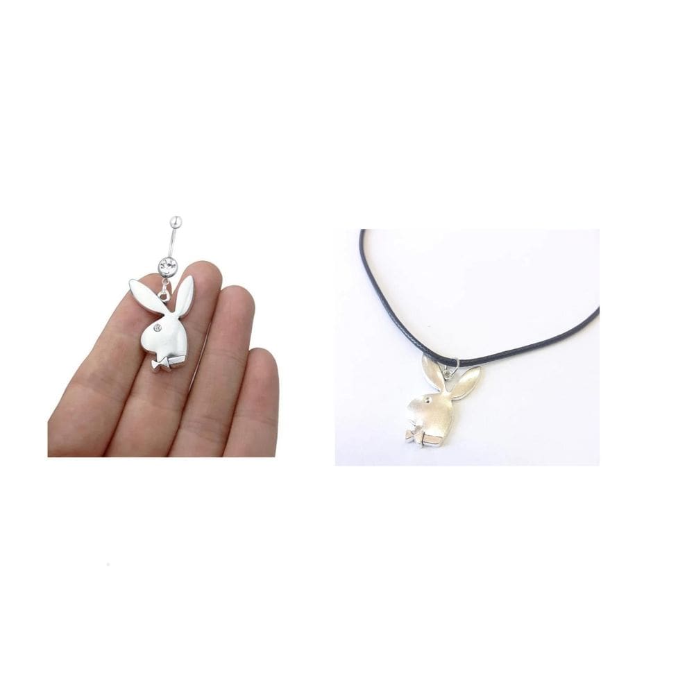Conjunto Colar Piercing Coelho Playboy Prateado Stras