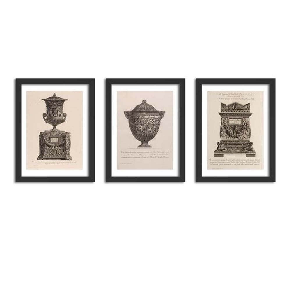 Kit 3 Quadros Decorativos Moldura Vasos Giovanni Piranesi