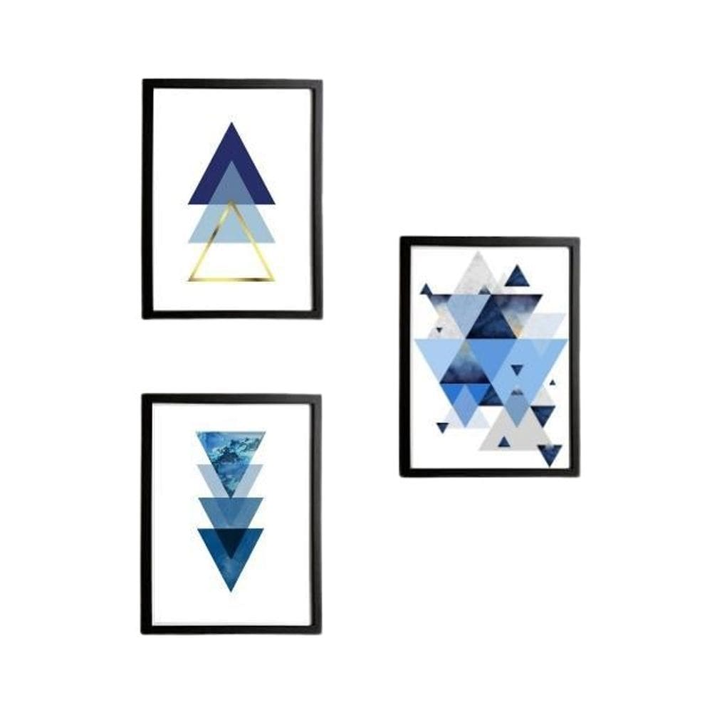 Quadro Decorativo Geométrico Triângulo Azul 24X18Cm 3 Peças