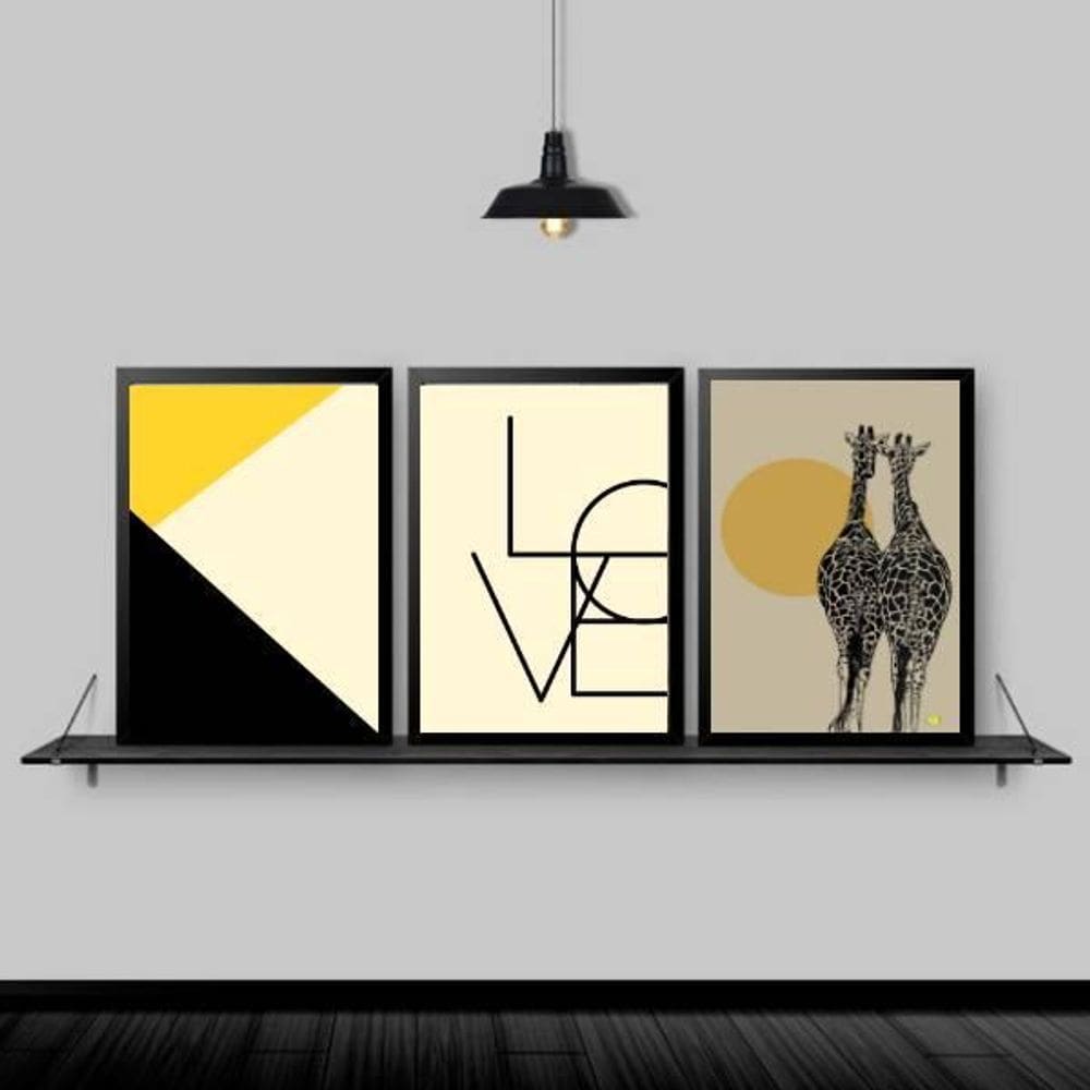 Quadro Girafas Love Geométrico Moldura Preta 24X18Cm 3 Peças