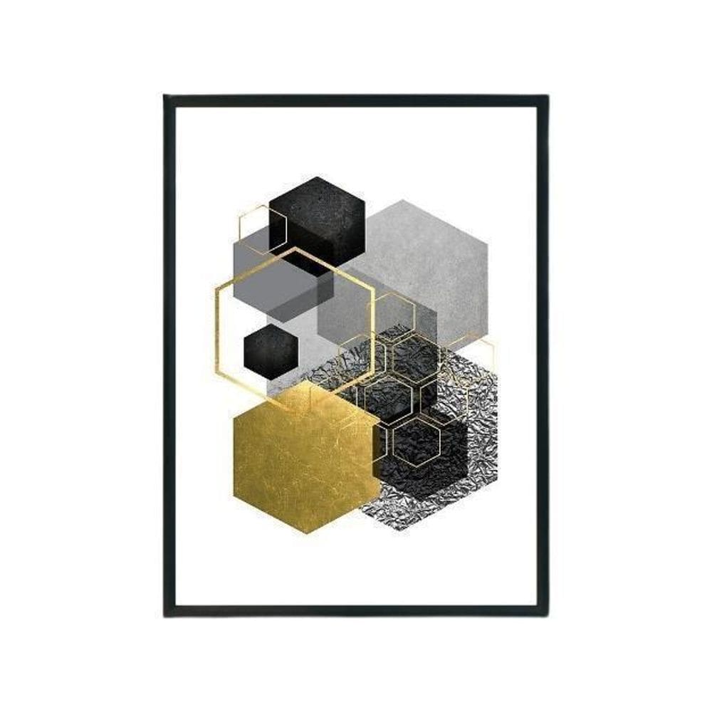 Quadro Abstrato Geométrico Hexágonos 24X18 Com Vidro Preta