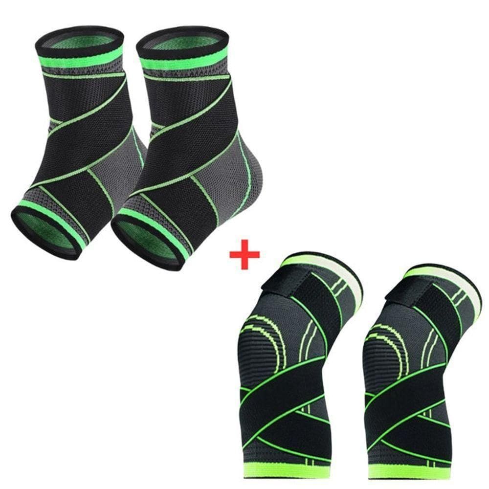 Kit Par Tornozeleira Ortopédica Ajustável + Par Joelheira Protetora Articulada Faixa Ajustável Flexível Preto