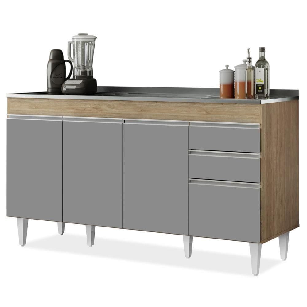 Balcão Gabinete Com Pia Inox 150cm Marrocos Castanho-cinza - Lumil