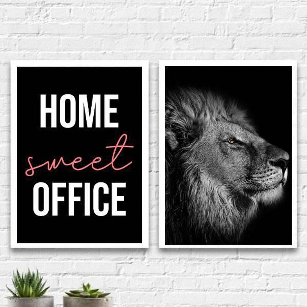 Kit 2 Quadros Home Sweet Office Leão 24X18Cm