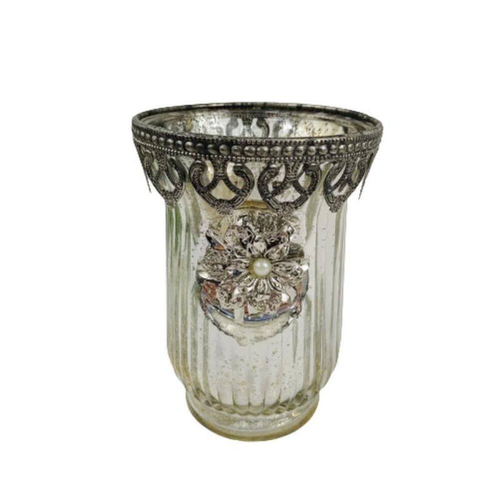Vasinho Castiçal Vidro Vaso Prata 16X10Cm Decoração
