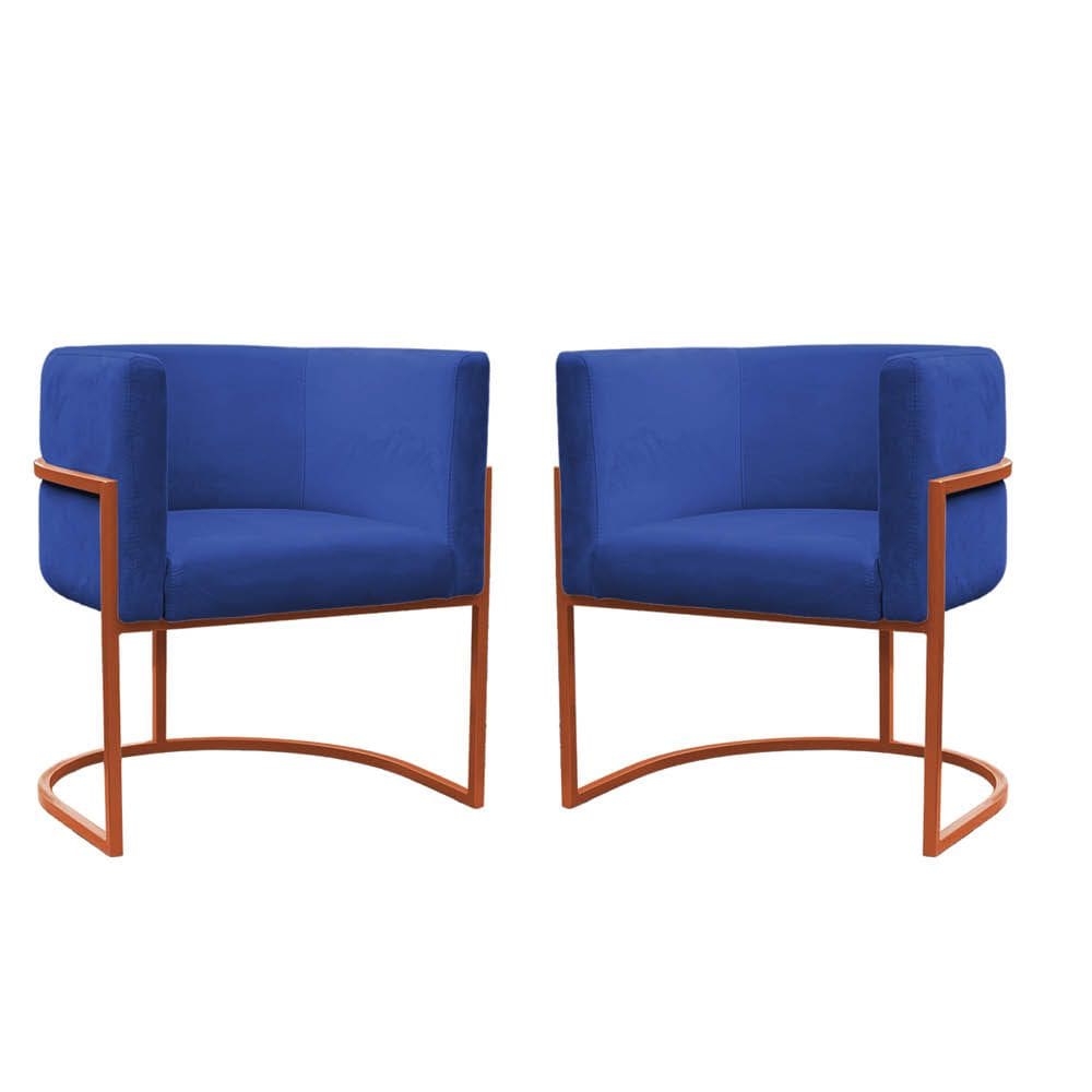 Kit 2 Poltronas Reforçada Decorativa Sala Carla Base Ferro Bronze Suede Azul Marinho