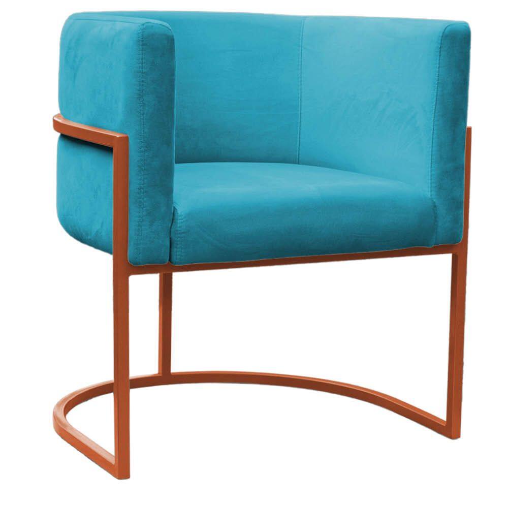 Poltrona Reforçada Decorativa Sala Carla Base Ferro Bronze Suede Azul Tifany