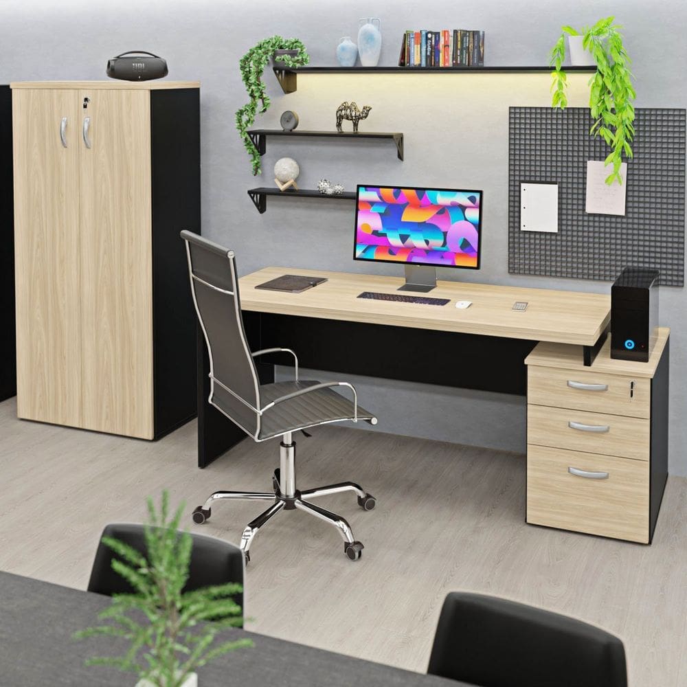 Conjunto Mesa Pedestal e Armário Alto para Escritório Carvalho/ Preto