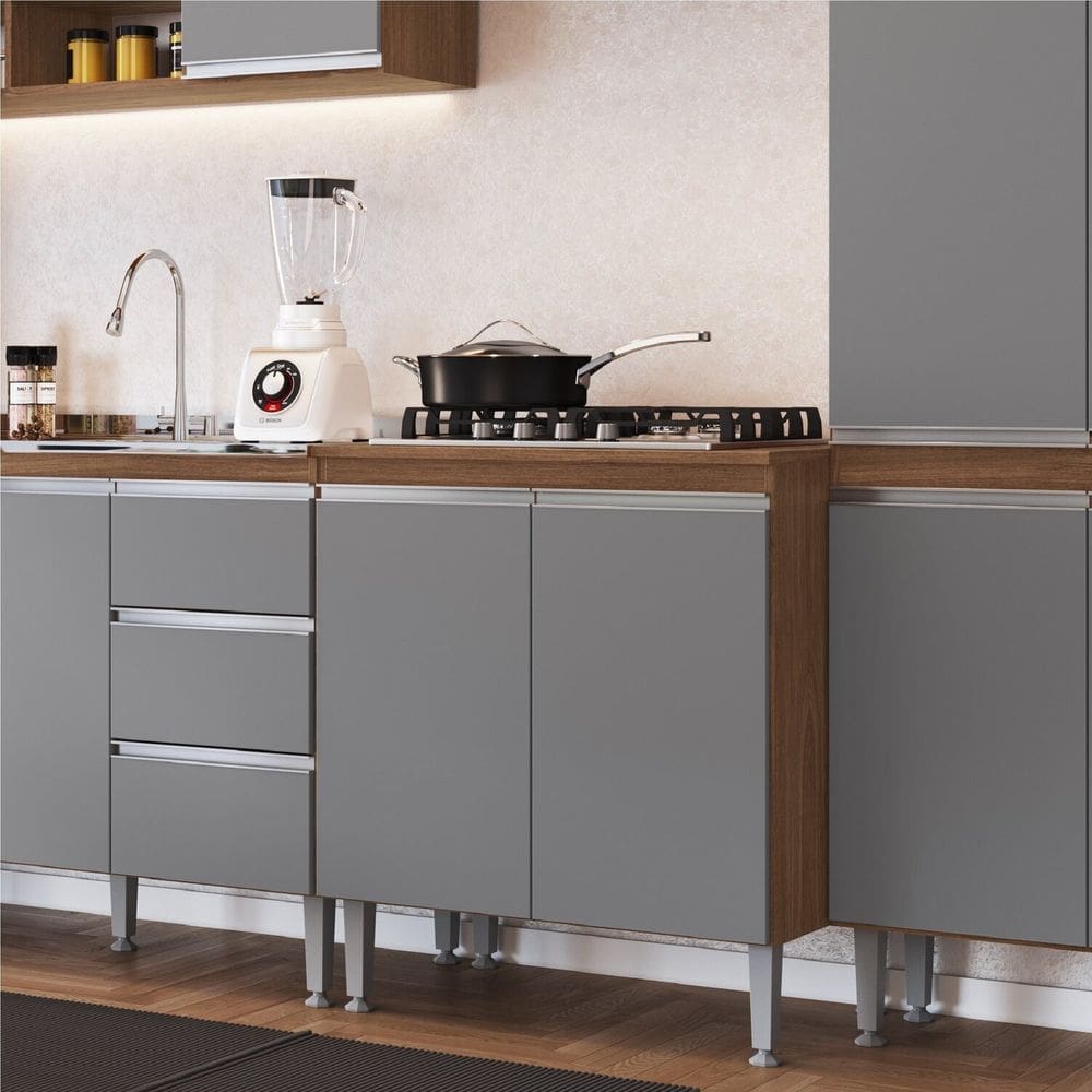 Balcão para Cozinha 80cm 2 Portas Athena Freijo/ Cinza