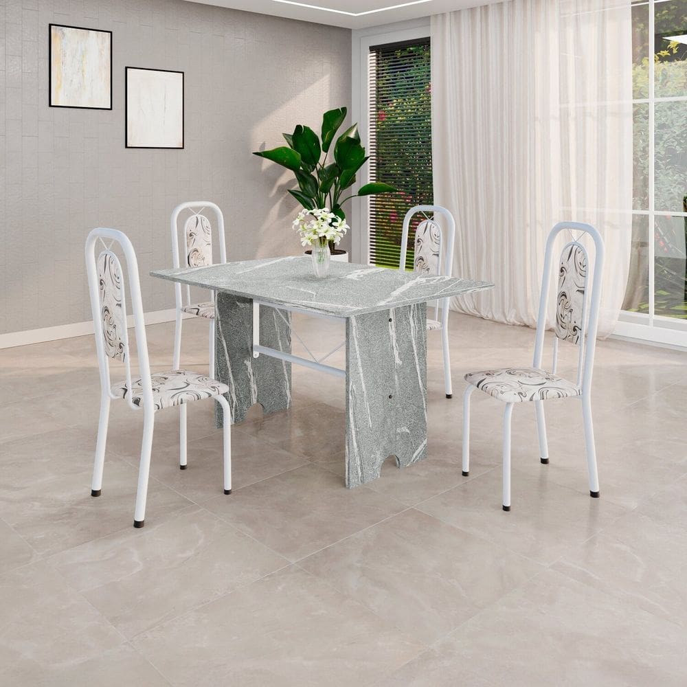 Conjunto de Sala de Jantar 1 Mesa Granito e 4 Cadeiras Lara Arabesco / Branco / Cinza