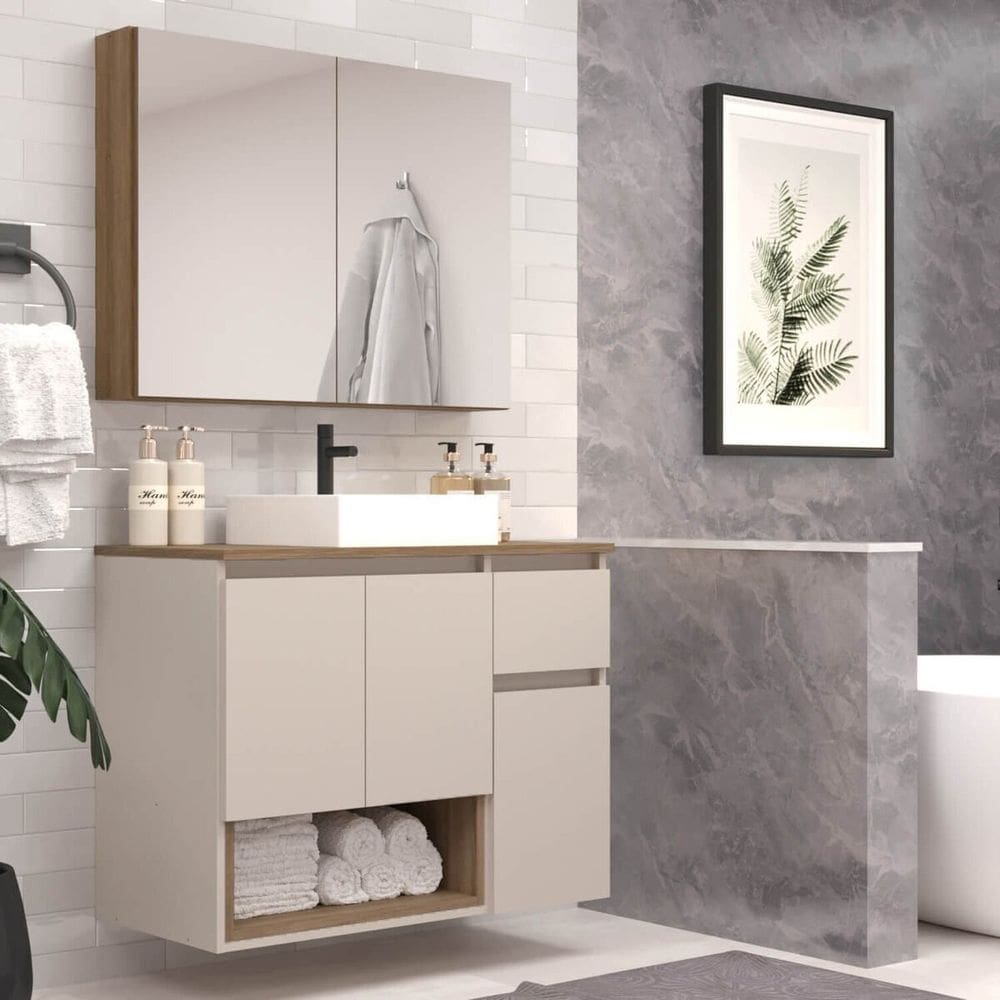 Gabinete de Banheiro 80cm Aurora com Espelheira e Cuba Mel/Arenas