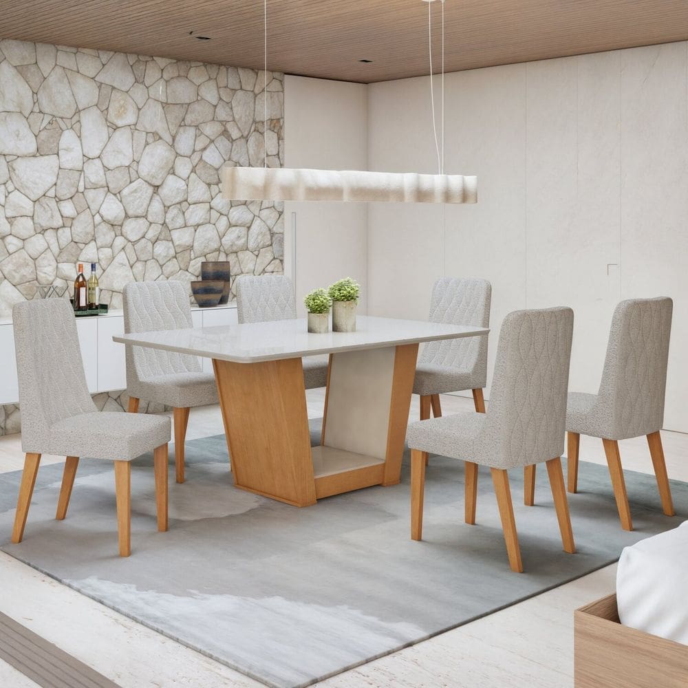 Conjunto Apogeu 170cm Tampo MDF com Vidro e 6 Cadeiras Luar Amêndoa Clean/Off White/Boucle Bege