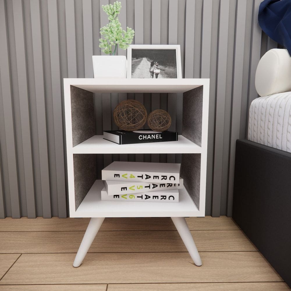 Mesa de Cabeceira Madeira Liverpool com Pés Branco/Cinza