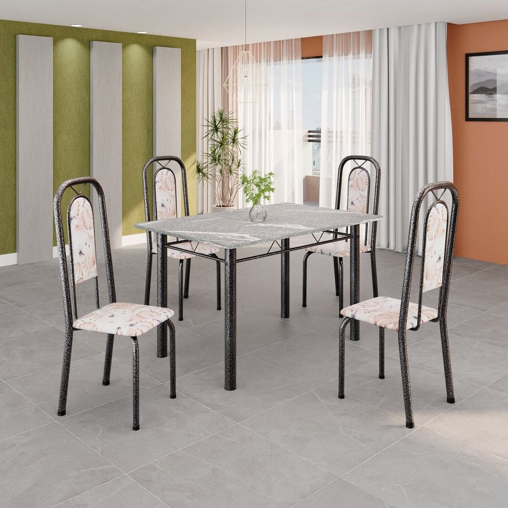 Conjunto de Mesa com 4 Cadeiras Lara Bege/Prata