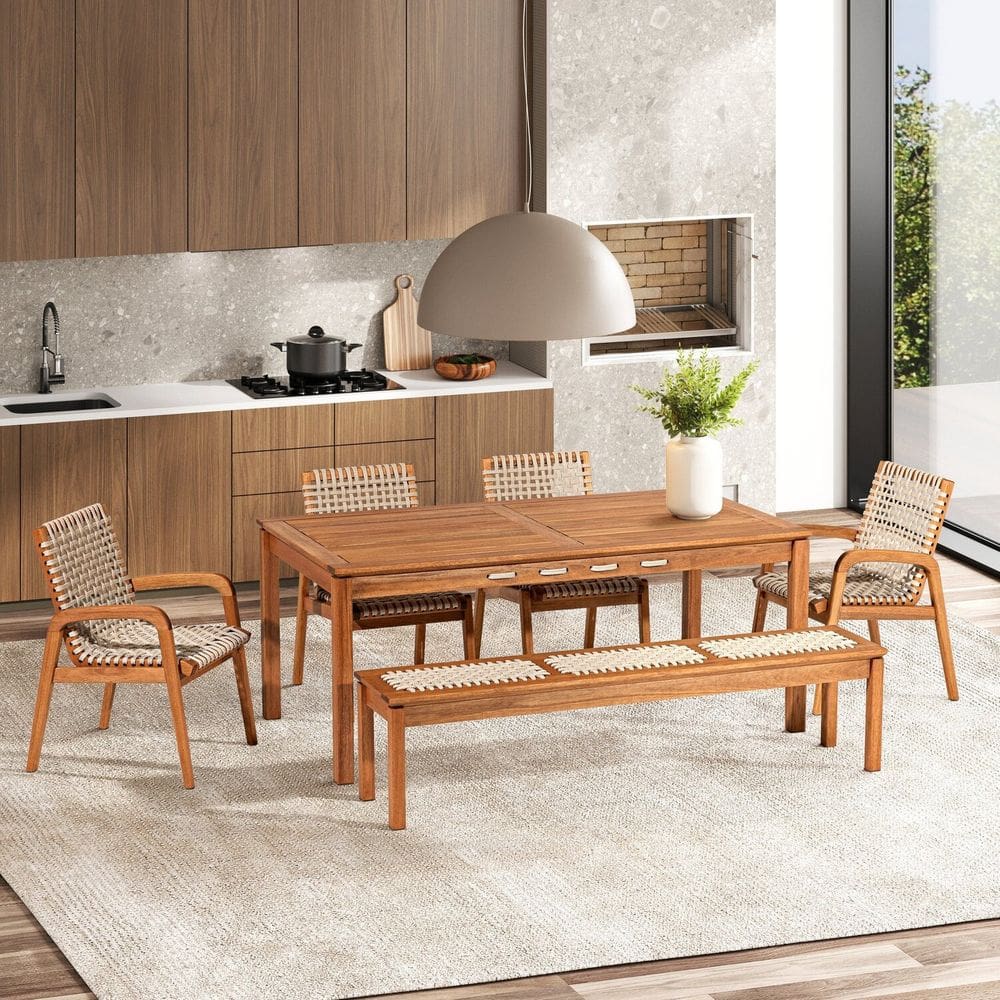 Conjunto 1 Bancos 4 Cadeiras e 1 Mesa 180cm Traço Stain Jatobá/Areia