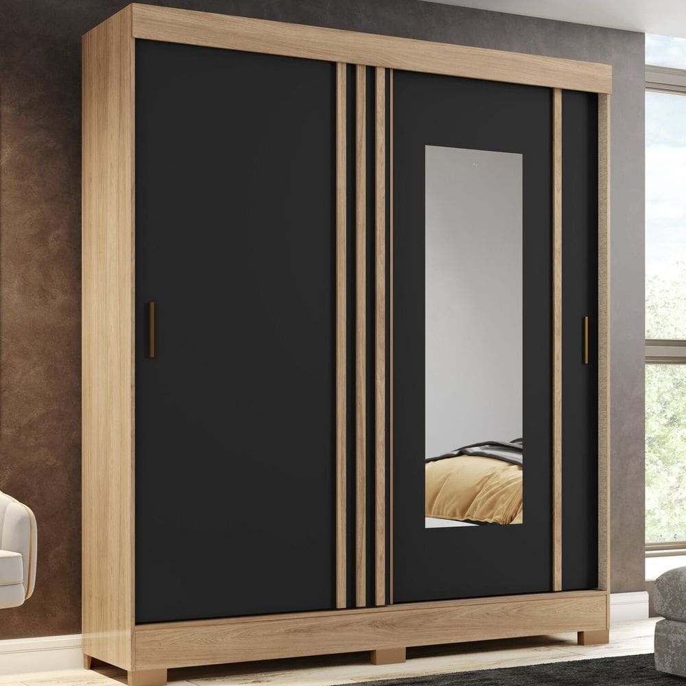 Guarda-Roupa Solteiro 2 Portas de Correr 2 Gavetas com Espelho B353 Jequitibá /Preto