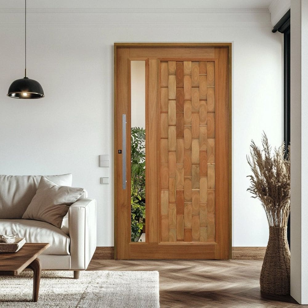 Porta Pivotante Couro em Pé com Visor Batente 14 Puxador Barra Chata 60 CM 110 X 210 Direito Rodam