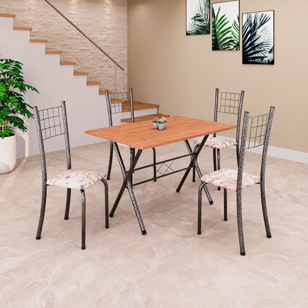 Conjunto de Mesa com Tampo em MDF e 4 Cadeiras Dany Bege /Prata/Cinamomo