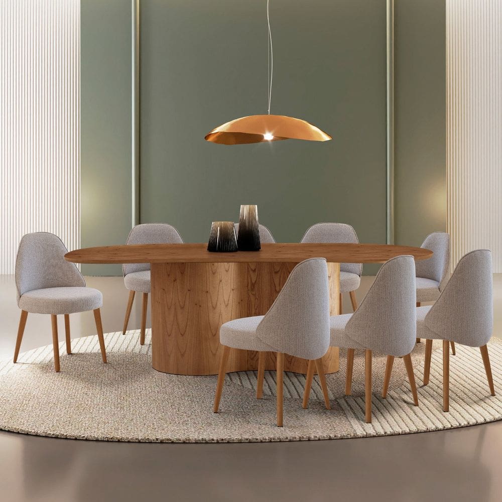 Mesa de Jantar Ester 220cm Madeira Tampo Laminado Orgânico com 8 Cadeiras Ester Brisa/Imbuia Natural