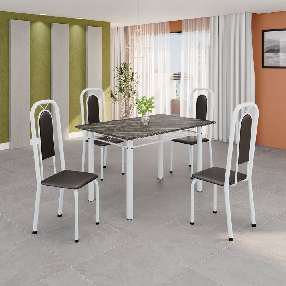 Conjunto de Mesa Tubular 120cm X 75cm Tampo Ardósia Indiano com 4 Cadeiras Lara Preto Liso / Branco