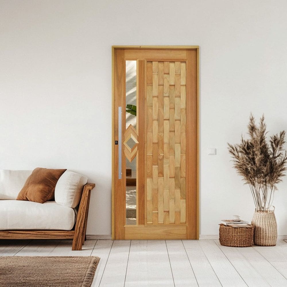 Porta Couro em Pé Losango Batente 14 Puxador Barra Chata 60 CM 82 X 210 Natural