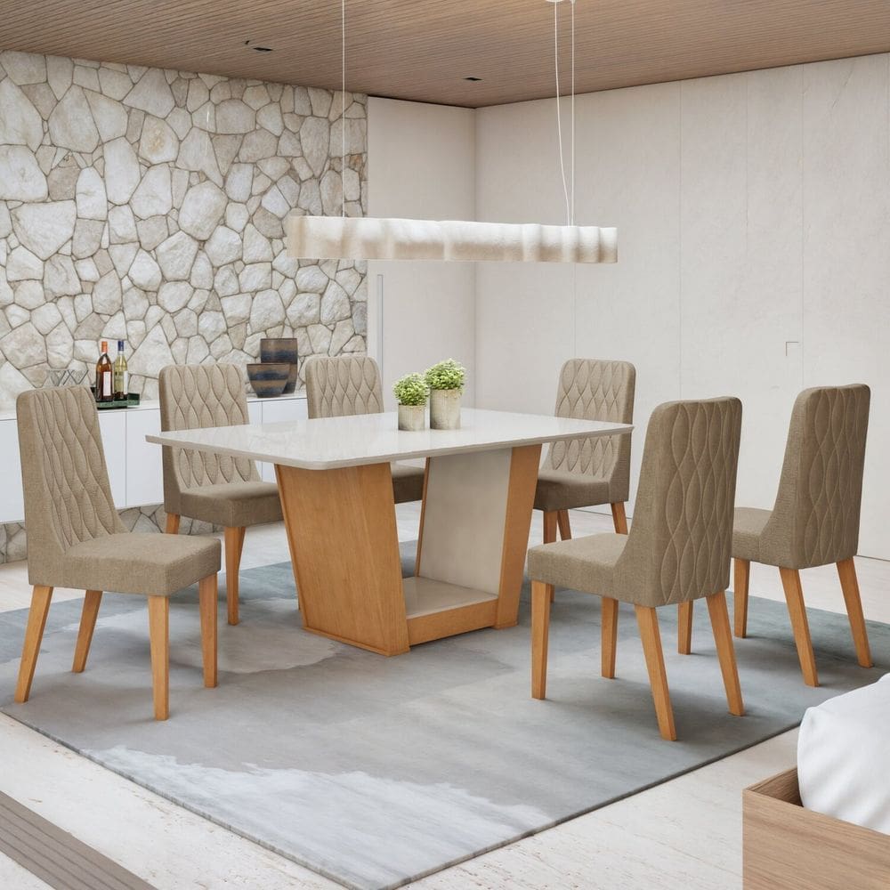 Conjunto Apogeu 170cm Tampo MDF com Vidro e 6 Cadeiras Luar Amêndoa Clean/Off White/Rinzai Bege